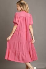 Umgee Solid Color A-Line Tiered Midi Dress with Piping Details in Rose Pink - Image 3